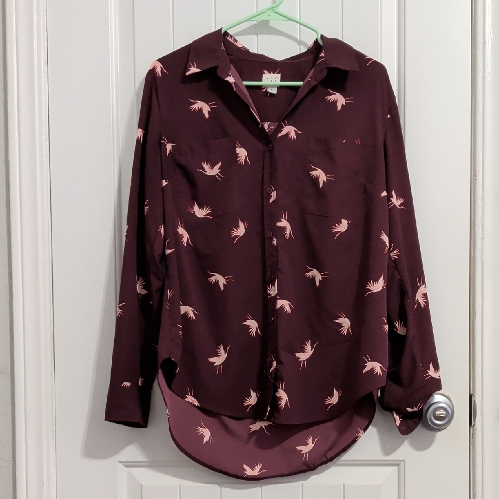 Maroon Button-Up Shirt with Bird Print